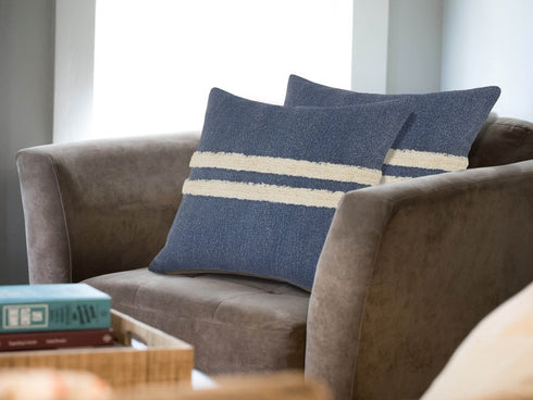 Set of Two 20" Blue And White Striped Cotton Throw Pillows with Tufts