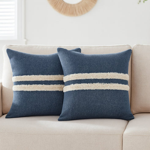 Set of Two 20" Blue And White Striped Cotton Throw Pillows with Tufts