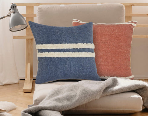 Set of Two 20" Blue And White Striped Cotton Throw Pillows with Tufts