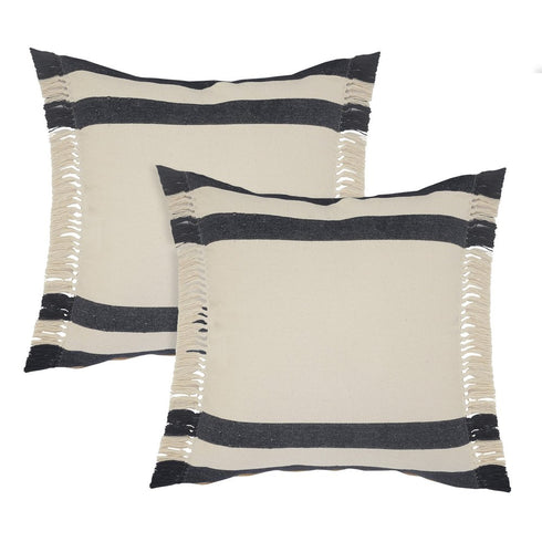 Set of Two 20" Blue And White Striped Cotton Throw Pillows with Fringe