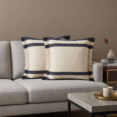 Set of Two 20" Blue And White Striped Cotton Throw Pillows with Fringe