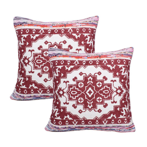 Set of Two 20" Red And White Geometric Cotton Blend Throw Pillows