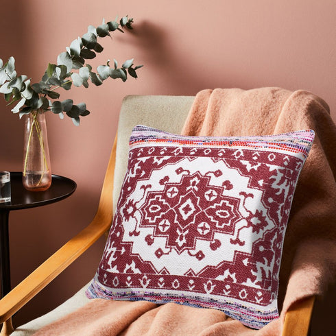 Set of Two 20" Red And White Geometric Cotton Blend Throw Pillows