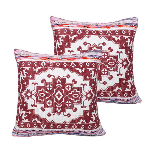 Set of Two 20" Red And White Geometric Cotton Blend Throw Pillows