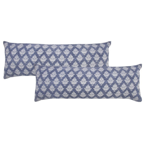 Set of Two 14" X 36" Blue And White Lumbar Damask Cotton Throw Pillows
