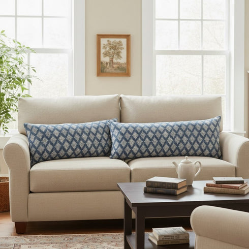 Set of Two 14" X 36" Blue And White Lumbar Damask Cotton Throw Pillows