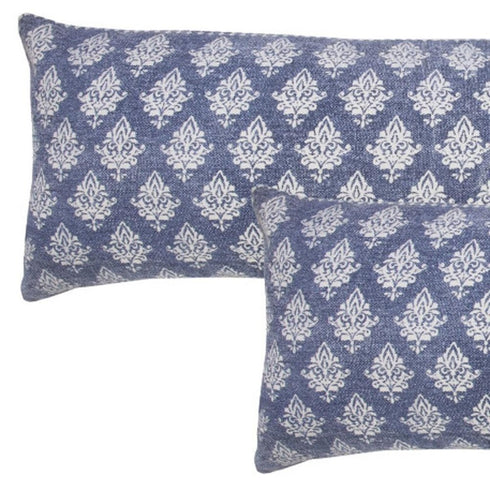 Set of Two 14" X 36" Blue And White Lumbar Damask Cotton Throw Pillows