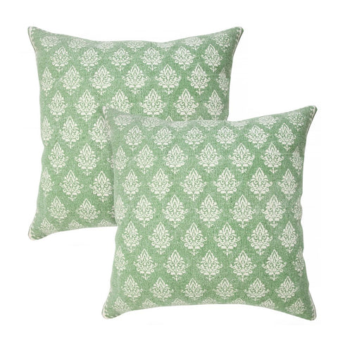 Set of Two 20" Green And Off White Damask Cotton Throw Pillows