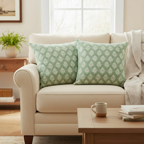 Set of Two 20" Green And Off White Damask Cotton Throw Pillows