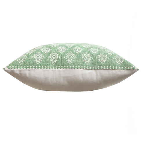 Set of Two 20" Green And Off White Damask Cotton Throw Pillows