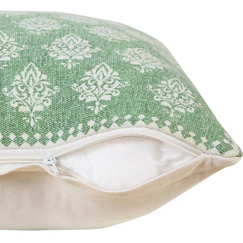 Set of Two 20" Green And Off White Damask Cotton Throw Pillows