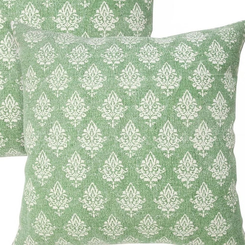 Set of Two 20" Green And Off White Damask Cotton Throw Pillows