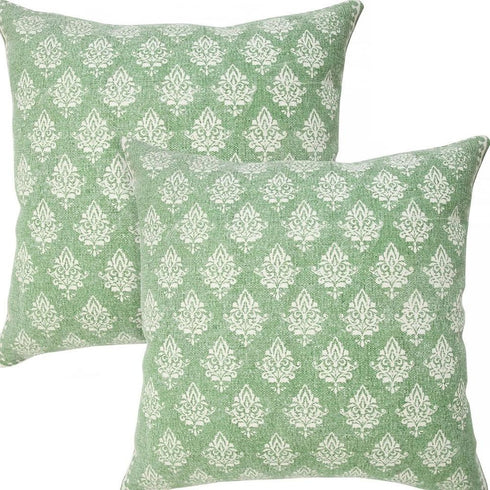 Set of Two 20" Green And Off White Damask Cotton Throw Pillows