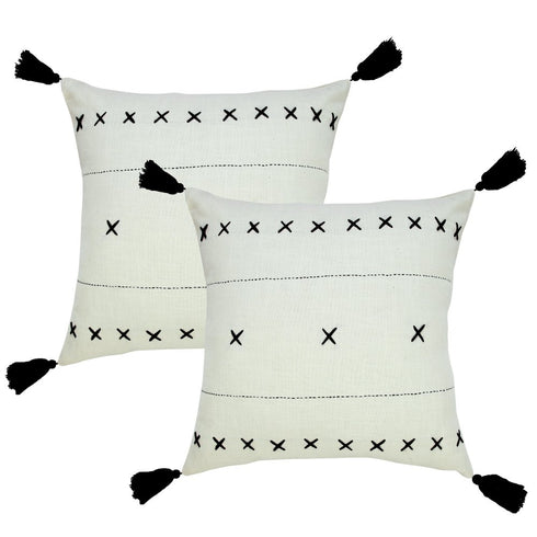 Set of Two 20" Off White And Black Geometric Cotton Throw Pillows with Tassels
