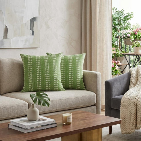 Set of Two 20" Green And White Polka Dot Cotton Throw Pillows