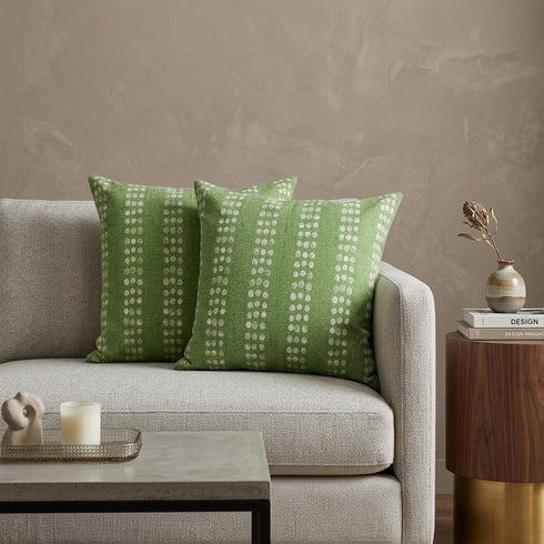 Set of Two 20" Green And White Polka Dot Cotton Throw Pillows