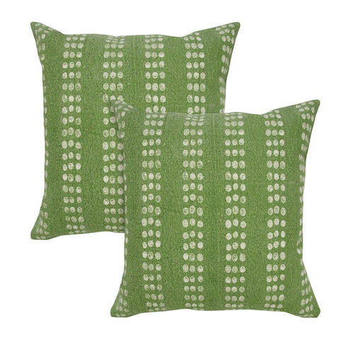 Set of Two 20" Green And White Polka Dot Cotton Throw Pillows