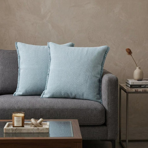 Set of Two 20" Blue Cotton Throw Pillows with Fringe