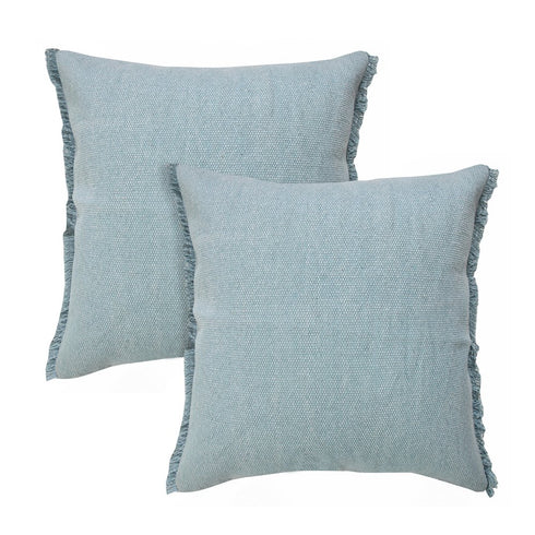 Set of Two 20" Blue Cotton Throw Pillows with Fringe