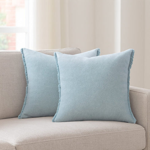 Set of Two 20" Blue Cotton Throw Pillows with Fringe