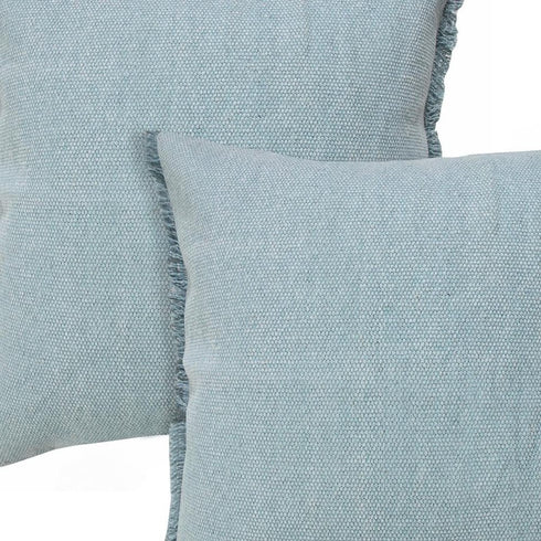 Set of Two 20" Blue Cotton Throw Pillows with Fringe