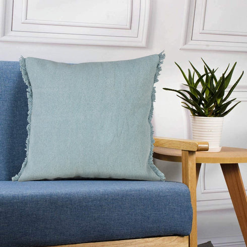 Set of Two 20" Blue Cotton Throw Pillows with Fringe