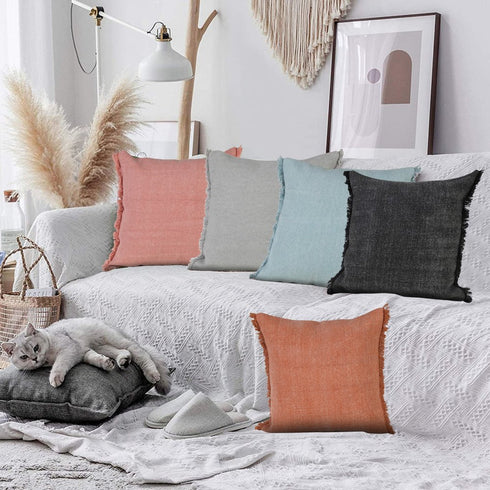 Set of Two 20" Blue Cotton Throw Pillows with Fringe