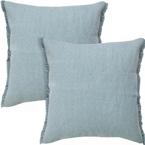 Set of Two 20" Blue Cotton Throw Pillows with Fringe