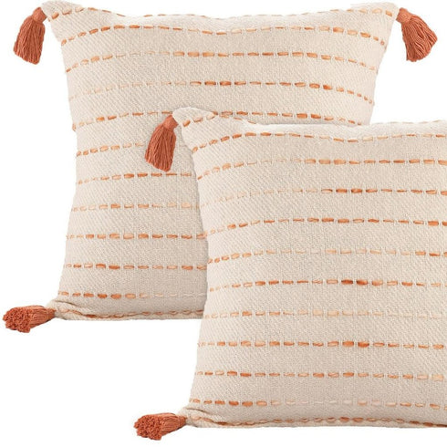 Set of Two 20" Beige And Orange Striped Cotton Blend Throw Pillows with Tassels
