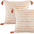 Set of Two 20" Beige And Orange Striped Cotton Blend Throw Pillows with Tassels