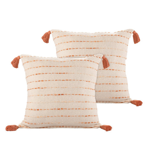 Set of Two 20" Beige And Orange Striped Cotton Blend Throw Pillows with Tassels