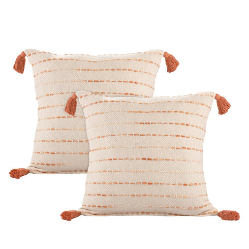 Set of Two 20" Beige And Orange Striped Cotton Blend Throw Pillows with Tassels
