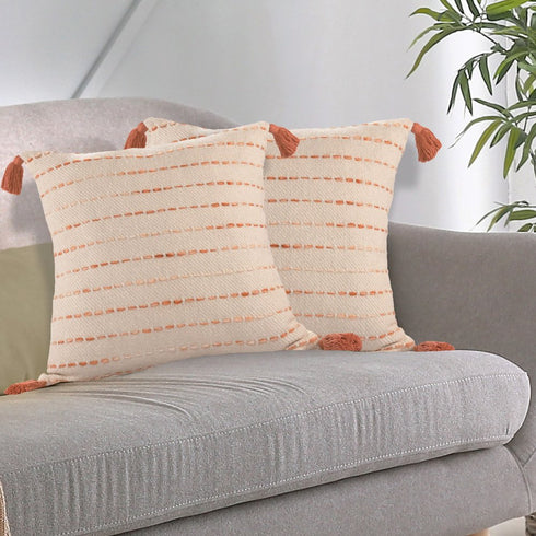 Set of Two 20" Beige And Orange Striped Cotton Blend Throw Pillows with Tassels
