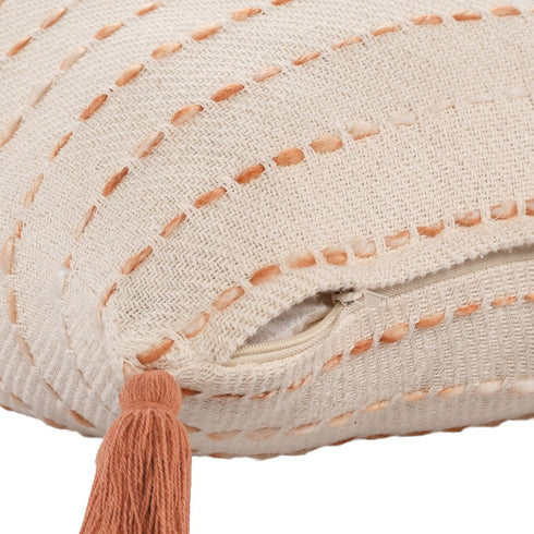 Set of Two 20" Beige And Orange Striped Cotton Blend Throw Pillows with Tassels