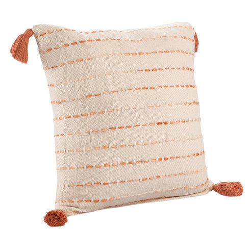 Set of Two 20" Beige And Orange Striped Cotton Blend Throw Pillows with Tassels