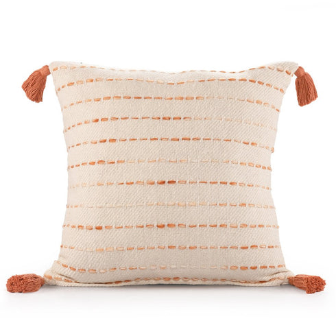 Set of Two 20" Beige And Orange Striped Cotton Blend Throw Pillows with Tassels