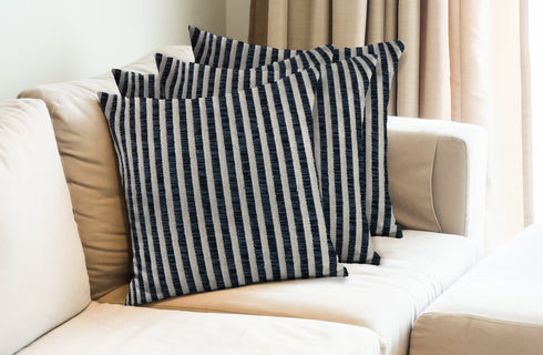 Set of Four 22" Blue And White Striped Cotton Throw Pillows