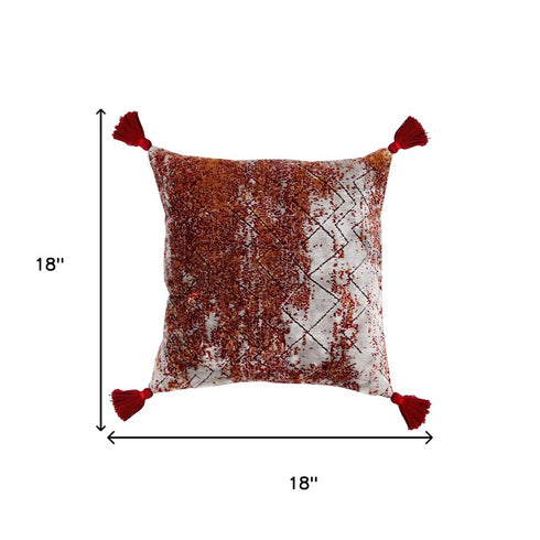 18" Red And Silver Abstract Geometric Viscose Throw Pillow Cover with Tassels