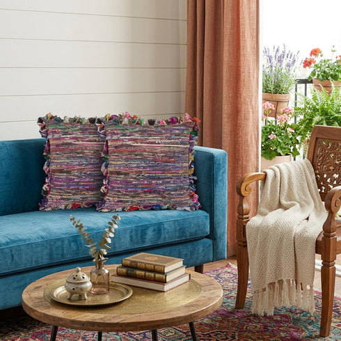 Set of Two 18" Red Pink And Indigo Floor Striped Rayon Throw Pillow Covers
