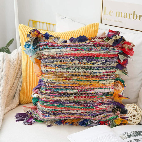 Set of Two 18" Red Pink And Indigo Floor Striped Rayon Throw Pillow Covers
