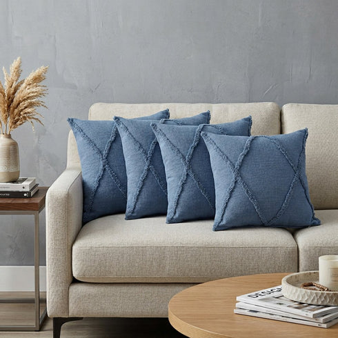 Set of Four 18" Denim Blue Diamond Cotton Throw Pillow Covers