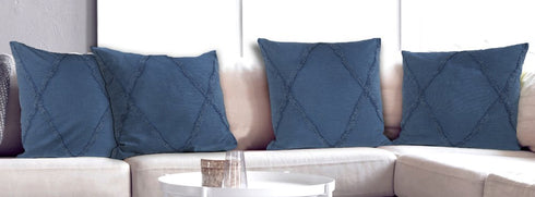 Set of Four 18" Denim Blue Diamond Cotton Throw Pillow Covers