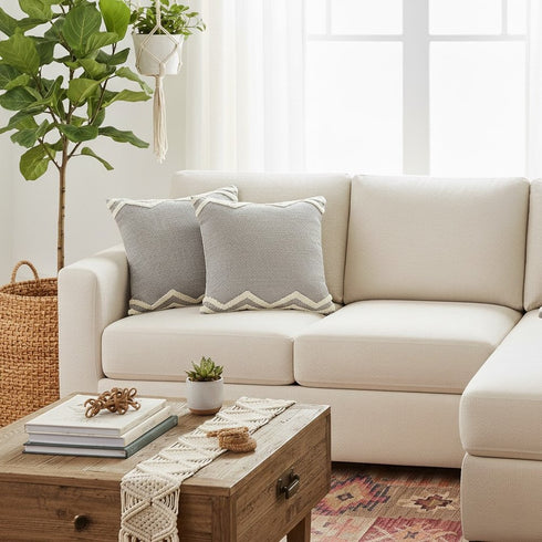 Set of Two 20" Off White And Gray Geometric Cotton Throw Pillows with Tufts