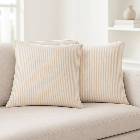 Set of Two 20" Beige And Natural Striped Cotton Throw Pillows