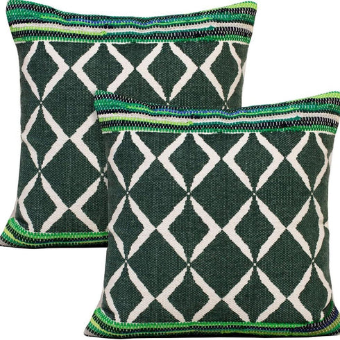Set of Two 20" Green And Ivory Geometric Cotton Blend Throw Pillows