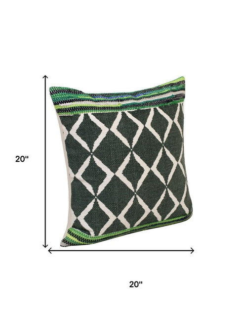 Set of Two 20" Green And Ivory Geometric Cotton Blend Throw Pillows