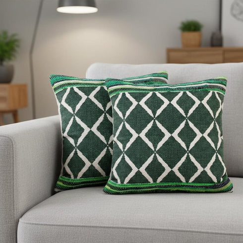 Set of Two 20" Green And Ivory Geometric Cotton Blend Throw Pillows