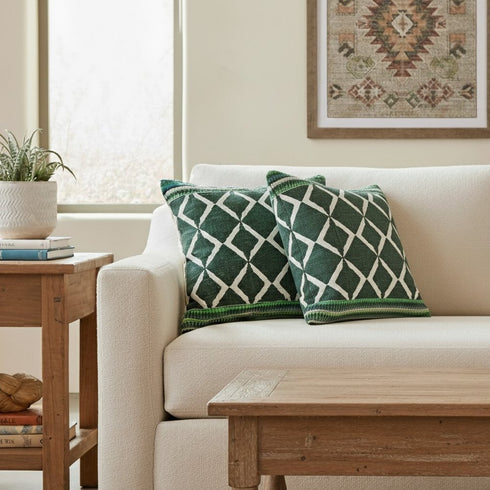 Set of Two 20" Green And Ivory Geometric Cotton Blend Throw Pillows