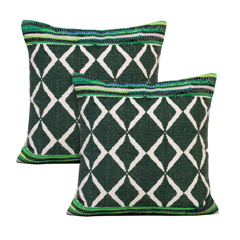 Set of Two 20" Green And Ivory Geometric Cotton Blend Throw Pillows