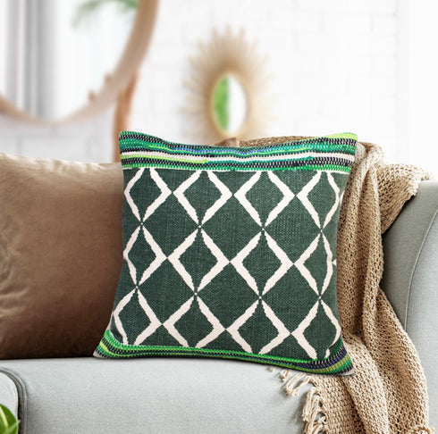 Set of Two 20" Green And Ivory Geometric Cotton Blend Throw Pillows